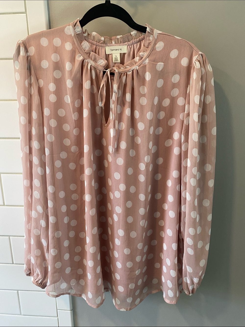 Tamara H. Blush Polka Dot Tie-Neck Long-Sleeve Blouse